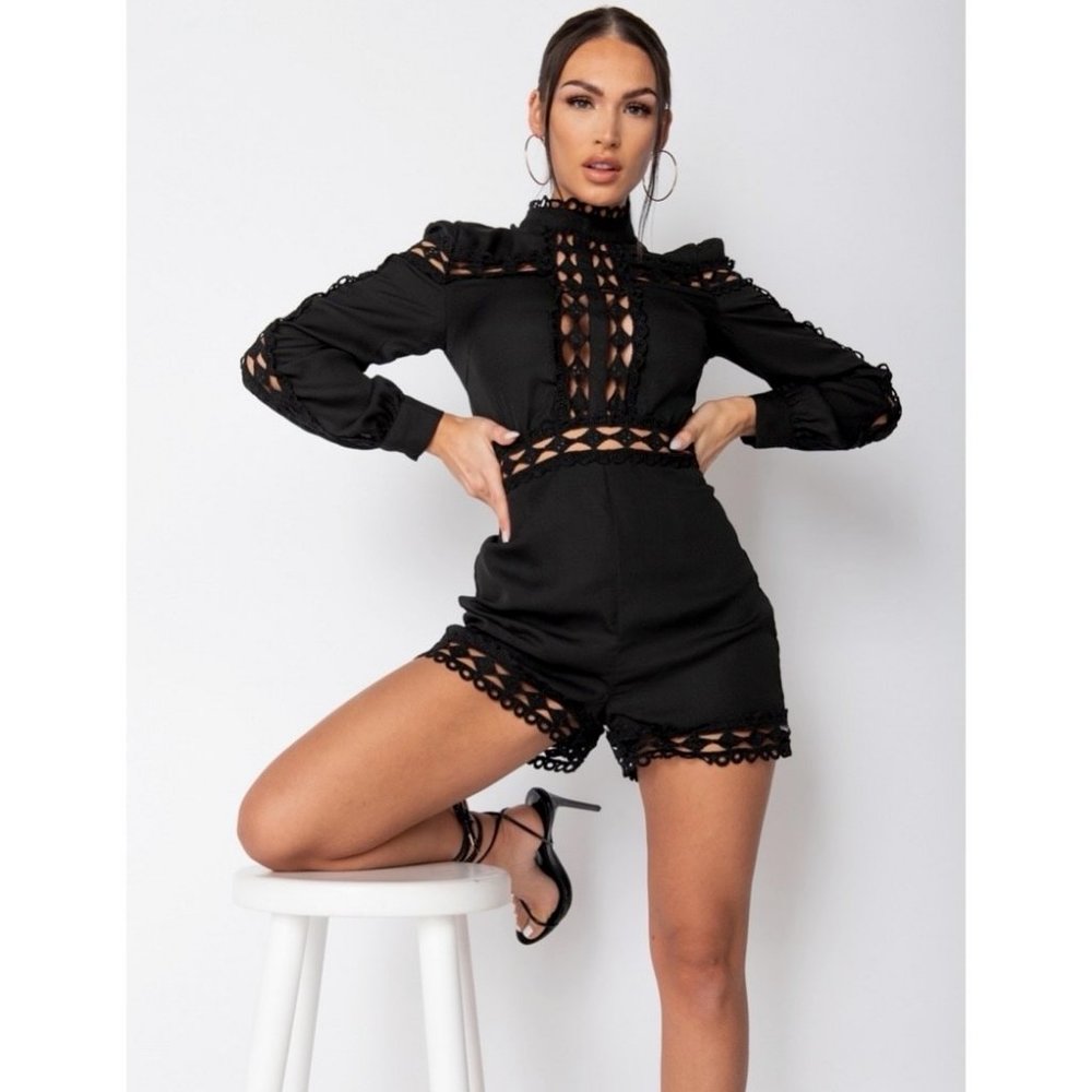 Black Long Sleeve High Neck Lace Trim Romper - Picture 5 of 11